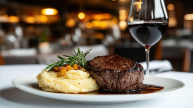 Plated Steak and Mashed potatoes with glass of red wine