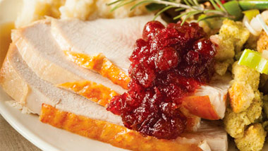 slices of turkey, mashed potatoes, cranberry, stuffing